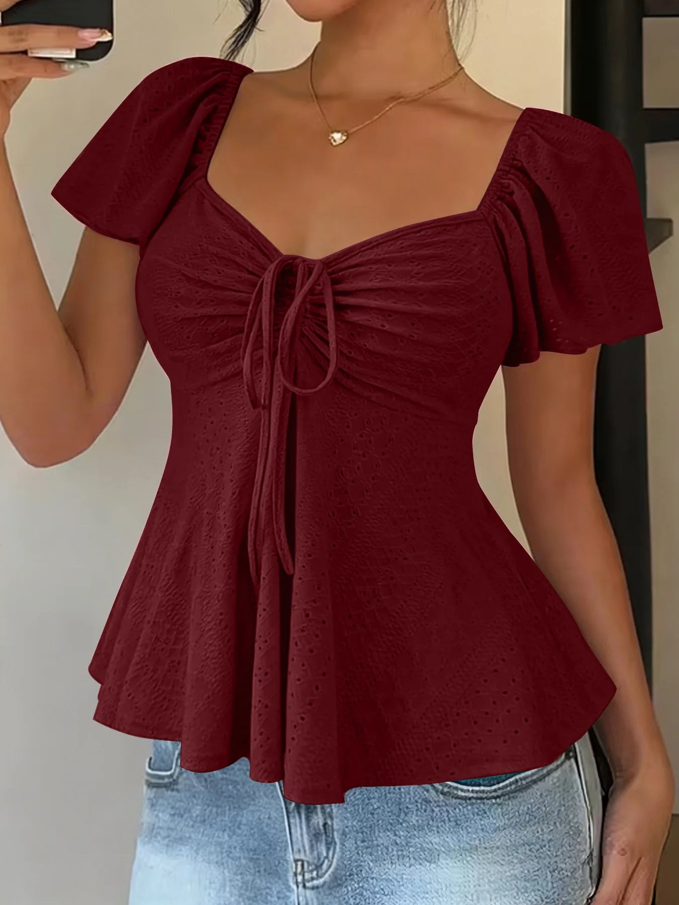 2026 Women Y2k Summer Tops V-Neck Drawstring Sexy Lace Up Short Sleeve Solid Color Shirts Female Elegant Casual Fashion Blouses