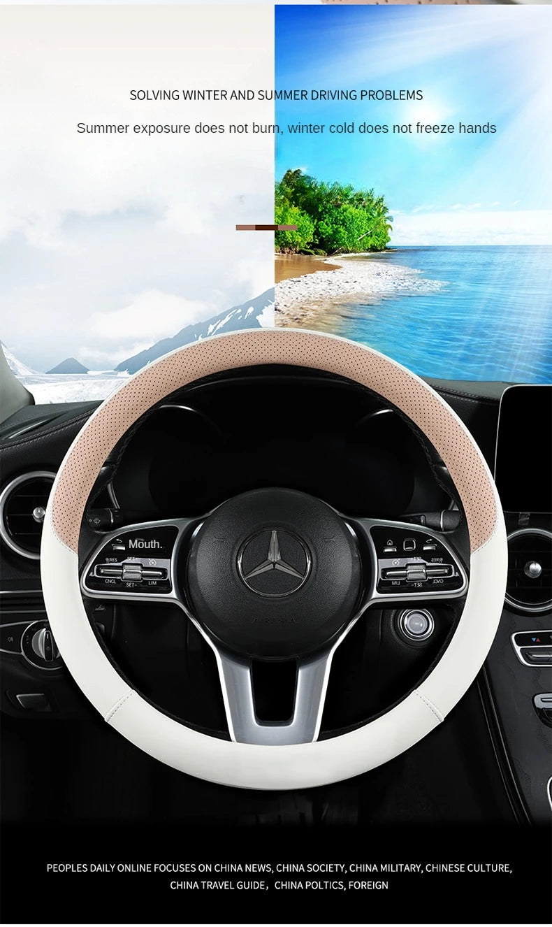 Perforated Nappa Leather Car Steering Wheel Cover Warm in Winter and Cool in Summer, Universal 15 Inch,  Anti-Slip, Odorless