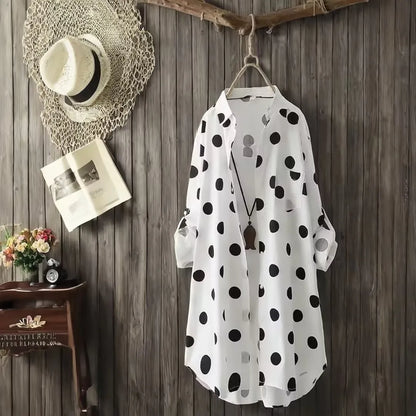 Camisa elegante de manga larga con lunares y talla grande, diseño clásico con botones al frente, ropa informal cómoda y elegante para mujer, nuevo estilo