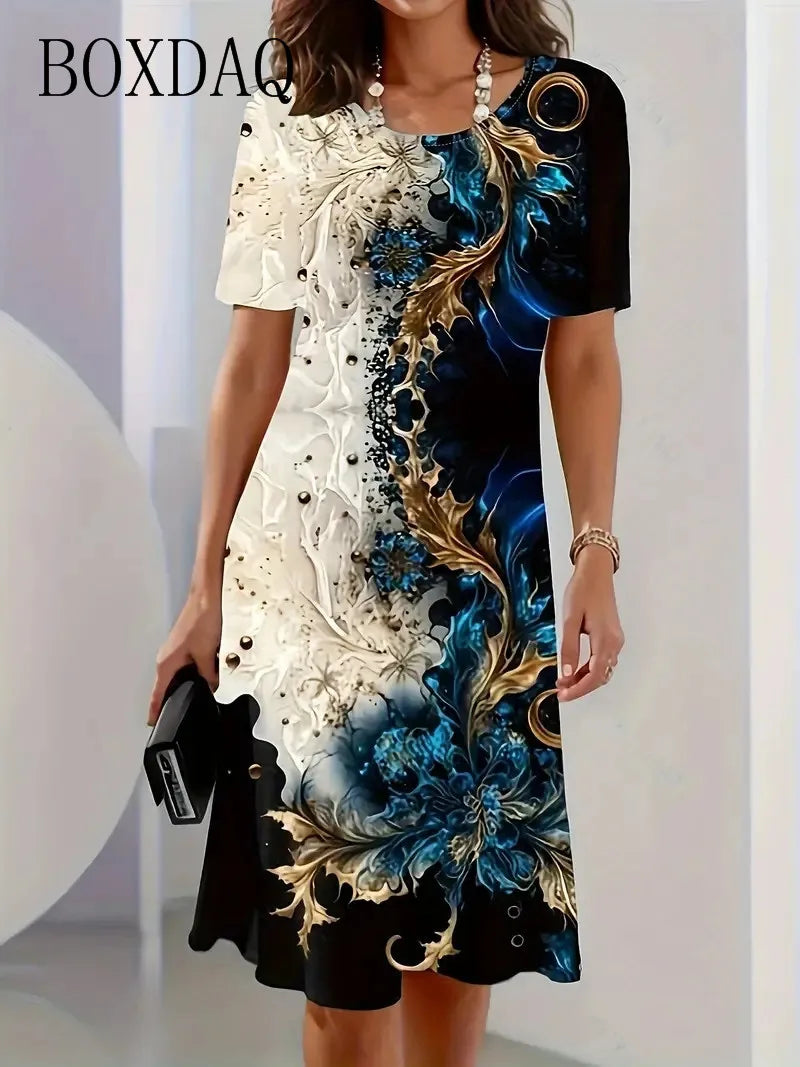 Fashion Elegant Women Dress Plus Size 8XL 9XL Short Sleeve O-Neck Casual Vacation Party Dress Big Size Floral Print A-Line Dress