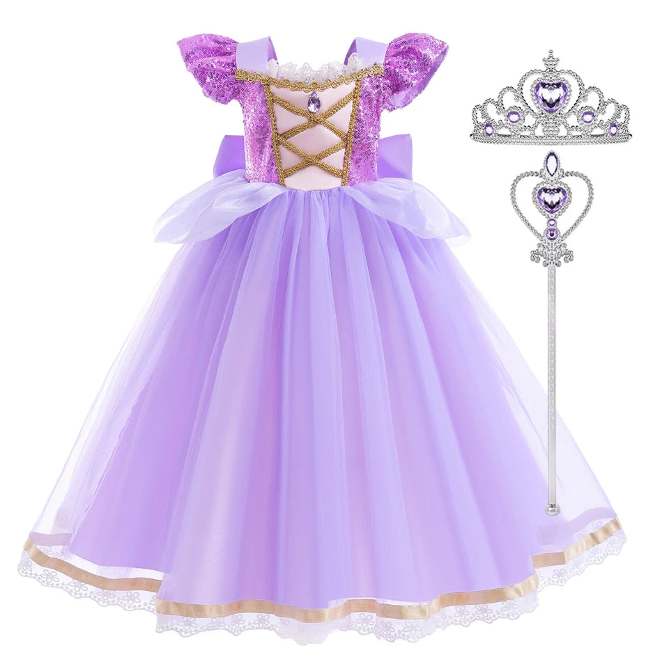 Vestido de Princesa Rapunzel de Verão – Cosplay Enrolados / Halloween / Festa de Aniversário – Fantasia Infantil