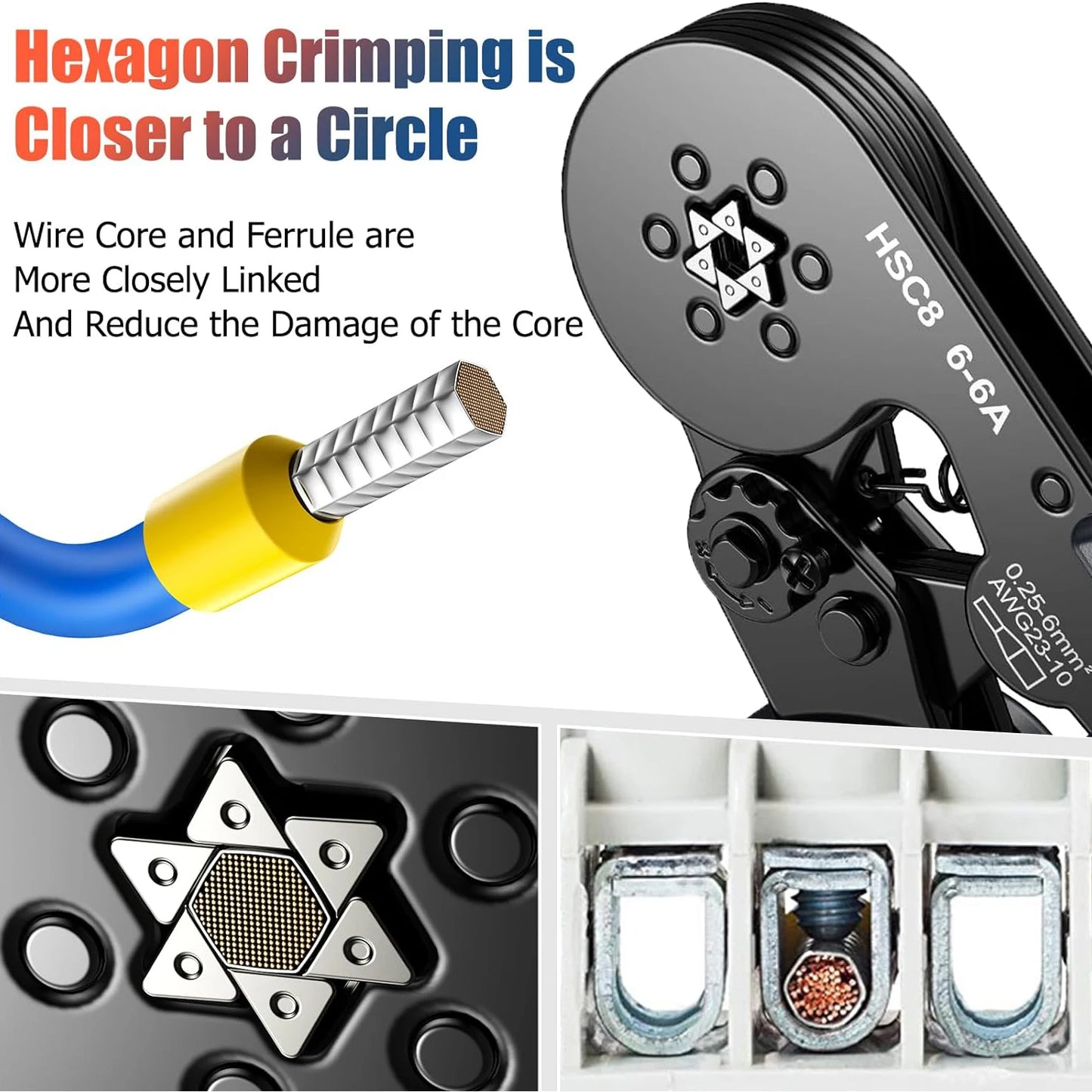 Kit de crimpadora de casquillos hexagonales autoajustables con trinquete, 23-7 AWG, 0,25-10 mm², con terminales de cable y casquillos