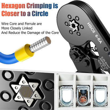 Kit de crimpadora de casquillos hexagonales autoajustables con trinquete, 23-7 AWG, 0,25-10 mm², con terminales de cable y casquillos