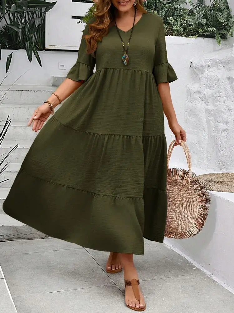 Vestido largo de talla grande, multicolor, con escote en V grande, nuevo, primavera y verano de 2024 