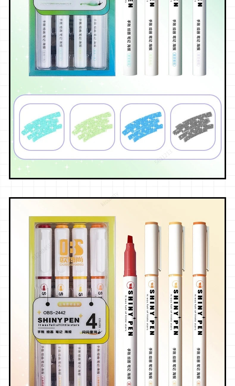 4 Colors/box Kawaii Glitter Highlighter Pen Pastel Fine Pastel Highlighter Marker Scrapbook Painted Stationery School Supplies