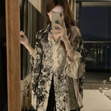 Plus Size Chubby MM Ink Printed Chiffon Sunscreen Shirt 300 Pounds Summer Retro Loose Long Sleeved Top Jacket for Women