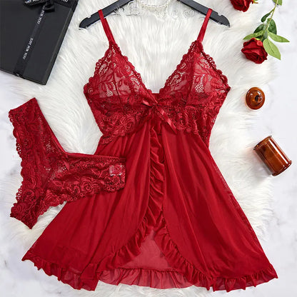 Exquisitas lencerías de tul con escote en V y encaje para mujer, conjunto de tanga semitransparente, camisones de lencería para mujer