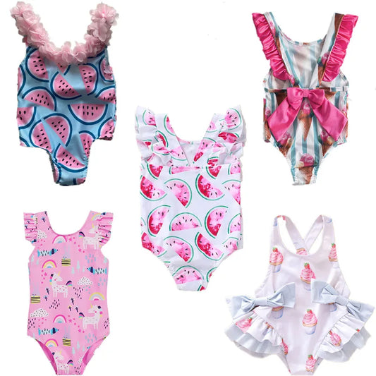 Trajes de baño de una pieza para niñas de 1, 2, 3, 4 y 5 años, estampados, para playa, verano, con lazo
