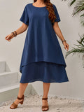 Plus Size Women's Summer Navy Blue Loose Dress - Figure-Flattering Irregular Midi Skirt for Curvy Ladies, Elegant Casual A-Line