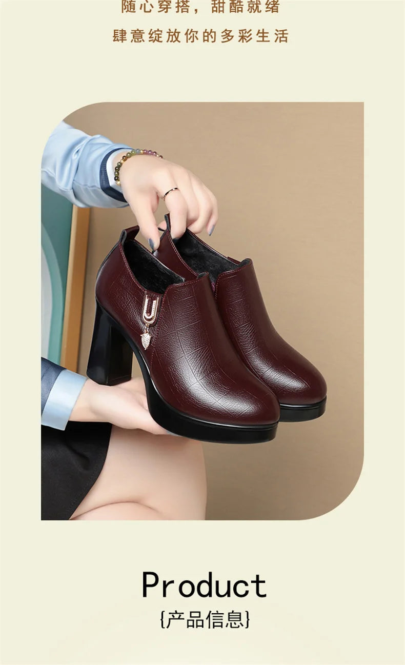 Comfortable Deep Mouth Soft Leather Anti-slip  Shoes Platform Spring 2024 Women's Block Black High Heels Office Mother Shoes