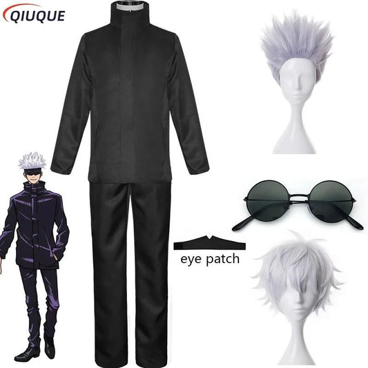 110-3XL Black/Blue Gojo Satoru Cosplay Costume Eye Patch Wigs Glasses Anime Halloween Party Men Kids Uniforms