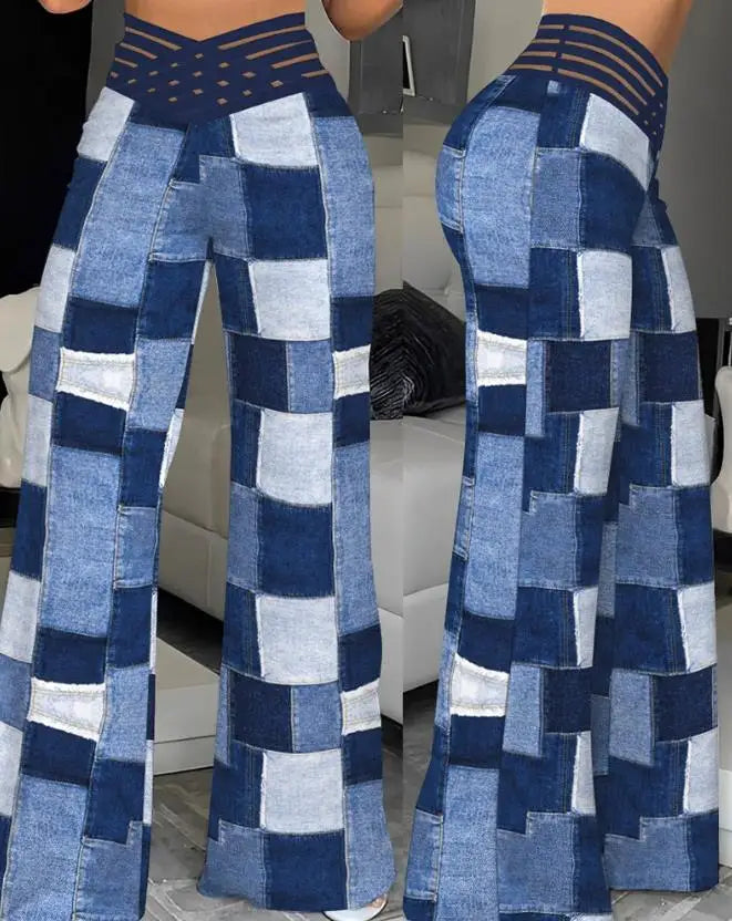 Fashion Office Ladies Trousers Elegant Crisscross Sheer Mesh Patch Casual High Waist Flared Pants for Women Clothes 2023 Summer