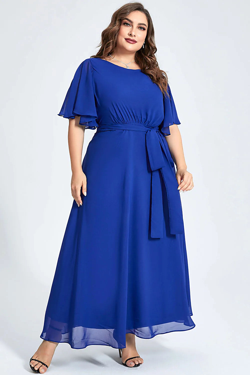Flycurvy Plus Size Formal Royal Blue Chiffon Ruffle Sleeve Lace-Up Tunic Maxi Dress