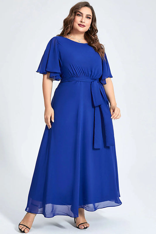 Flycurvy Plus Size Formal Royal Blue Chiffon Ruffle Sleeve Lace-Up Tunic Maxi Dress