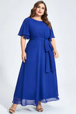 Flycurvy Plus Size Formal Royal Blue Chiffon Ruffle Sleeve Lace-Up Tunic Maxi Dress