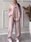 Cotton Linen Sets Two 2 Pieces Sale Casual Long Sleeve Button Loose Blouse Shirt & High Elastic Wide Leg Loose Pant Suits NMD-3021