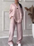 Cotton Linen Sets Two 2 Pieces Sale Casual Long Sleeve Button Loose Blouse Shirt & High Elastic Wide Leg Loose Pant Suits NMD-3021