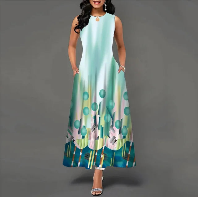 Women's V-neck Sleeveless Long Dress Retro Bohemian Dresses Floral Print Swing Casual New 