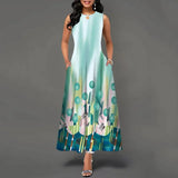 Women's V-neck Sleeveless Long Dress Retro Bohemian Dresses Floral Print Swing Casual New 