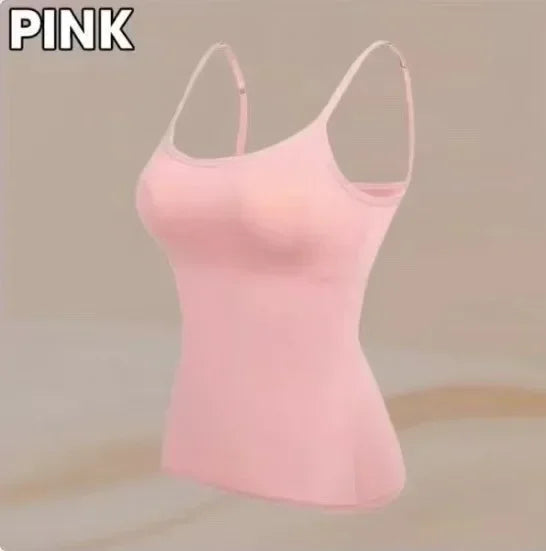 Camisola sexy con sujetador acolchado sólido y tirantes finos para mujer, camiseta sin mangas con sujetador incorporado, 2024