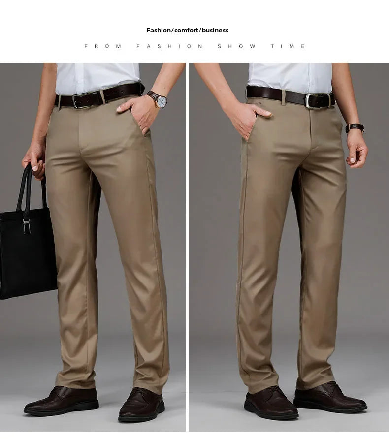 Pantalones casuales de seda helada para hombre, de negocios, formales, de verano, finos, rectos y holgados, para hombres de mediana edad.