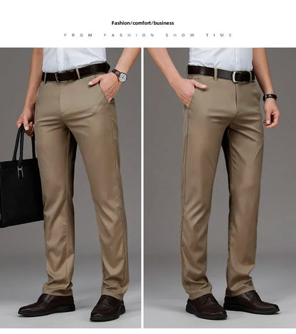 Pantalones casuales de seda helada para hombre, de negocios, formales, de verano, finos, rectos y holgados, para hombres de mediana edad.