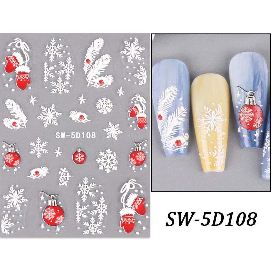 5D Red Christmas Nail Stickers Glitter Embossed Snowflake Gloves Feather Bulb Bells Winter Xmas DIY Engraved Manicure Decoration