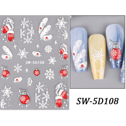 5D Red Christmas Nail Stickers Glitter Embossed Snowflake Gloves Feather Bulb Bells Winter Xmas DIY Engraved Manicure Decoration