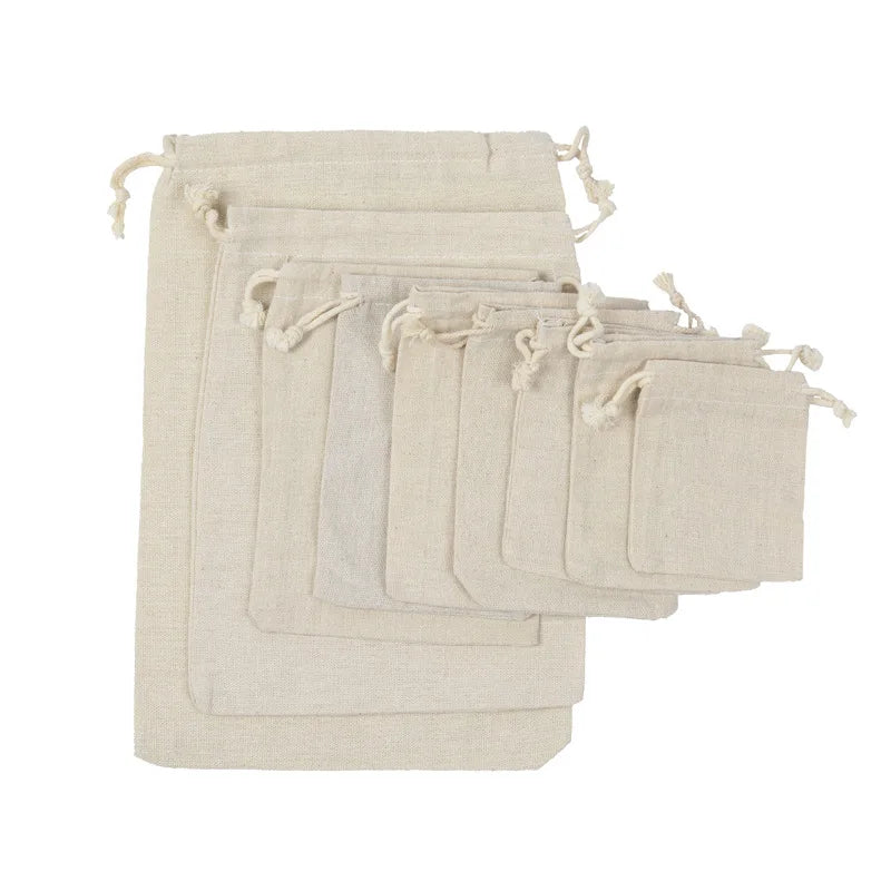 Travel Drawstring Cotton Linen Storage Bags Multiple Sizes Beige Coin Money Pouch ID Credit Cards Gifts Jewellery Organizer Bags