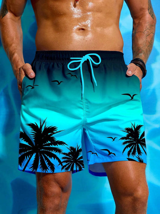 Pantalones cortos de verano para hombre con estampado de palmeras, cintura con cordón ajustable, bañador de moda, estampado 3D, ropa de calle corta transpirable