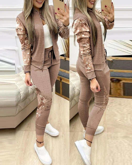 Conjuntos de dos piezas para mujer, conjunto informal de manga larga con lentejuelas en contraste, diseño de cremallera, chaqueta y pantalones ajustados con cordón, conjunto de otoño 