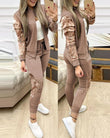 Conjuntos de dos piezas para mujer, conjunto informal de manga larga con lentejuelas en contraste, diseño de cremallera, chaqueta y pantalones ajustados con cordón, conjunto de otoño 