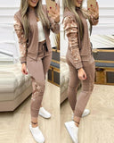 Conjuntos de dos piezas para mujer, conjunto informal de manga larga con lentejuelas en contraste, diseño de cremallera, chaqueta y pantalones ajustados con cordón, conjunto de otoño 
