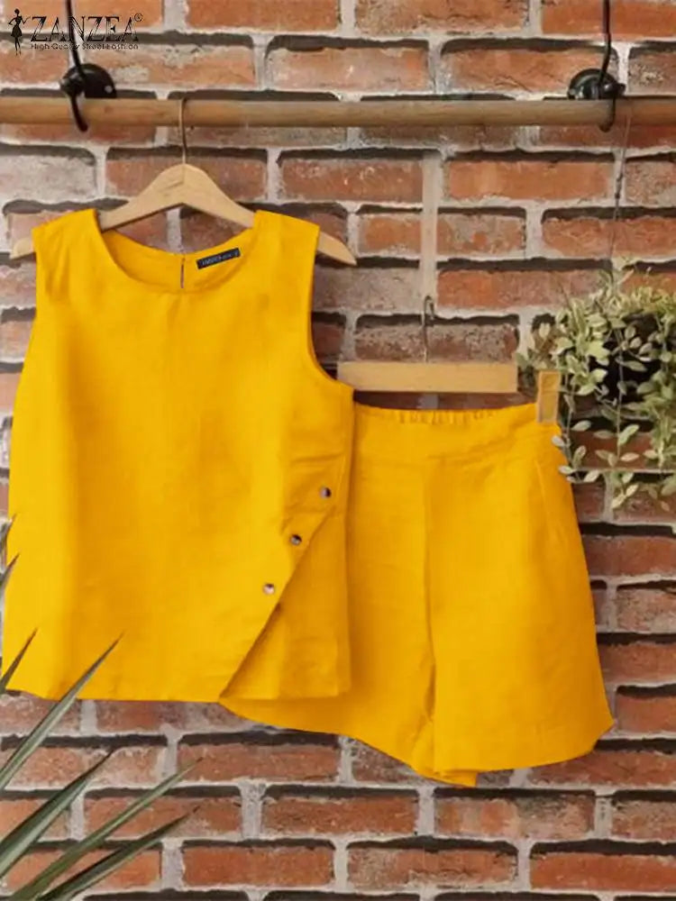 ZANZEA-trajes a juego de moda para mujer, 2 uds., chándal liso, conjuntos cortos sexis con bolsillo, pantalones cortos informales holgados sin mangas y pantalones cortos