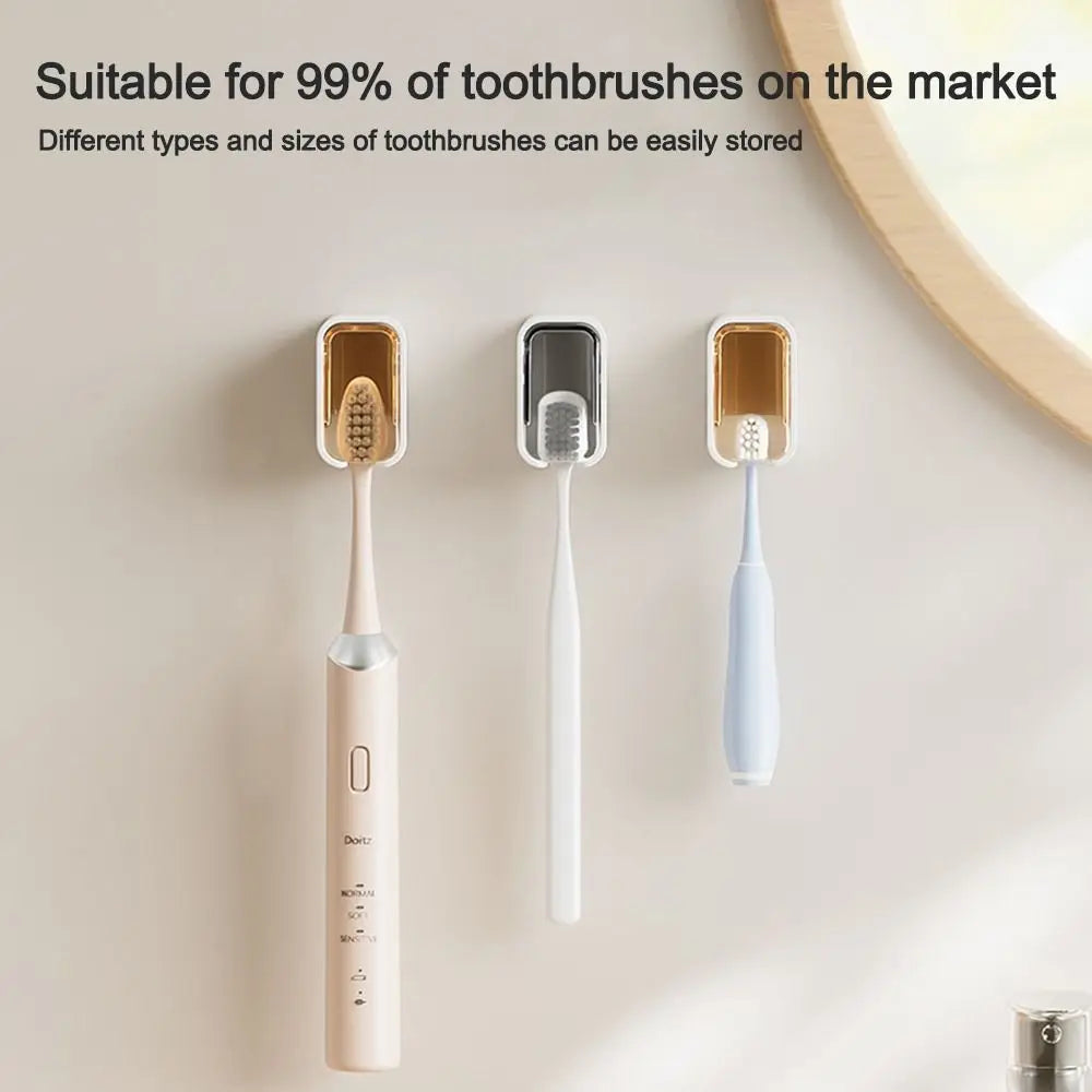 Suporte portátil para escova de dentes à prova de poeira com tampa basculante, fixação na parede e estojo de armazenamento.