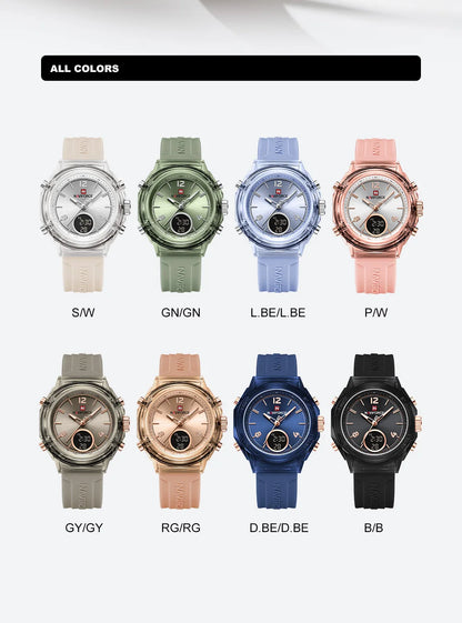 Relojes NAVIFORCE para mujer, nuevo diseño, esfera pequeña, deportivos, para mujer, resistente al agua hasta 5 ATM, reloj de pulsera de cuarzo con pantalla LCD digital, reloj para mujer