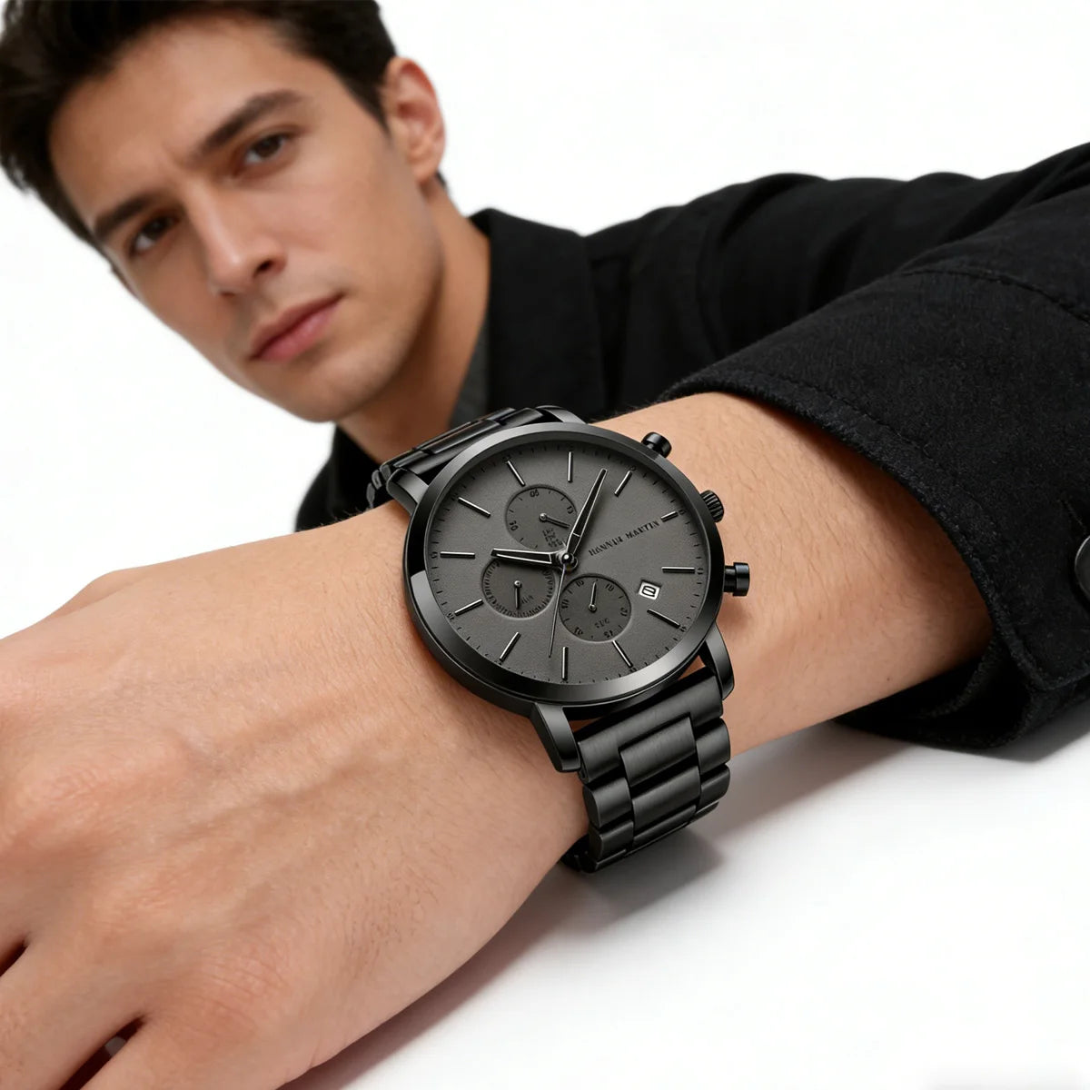 HANNAH MARTIN Brand Men Watch Black Stainless Steel Waterproof Fashion Sports Multifunctional Quartz Wristatch Relogio Masculino