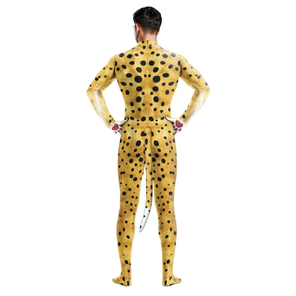 Zawaland Tiger Leopard Cheetah Petsuit for Men Animal Disguise Costume Crotch Zipper Zentai Halloween Carnival Full Bodysuits