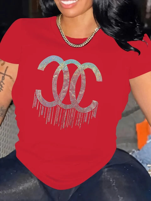 Camiseta de manga curta de lantejoulas feminina, gola O, camiseta solta elástica, plus size, tops grandes, Lady, primavera, verão, moda, 2024