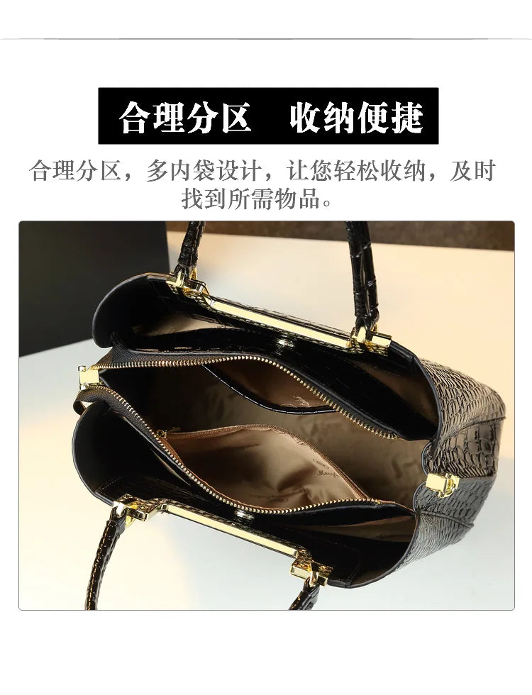 2023 New Luxury Crocodile Bag for Women Casual Tote High Qualtiy Patent Leather Shoulder Purses Elegant Dinner Noble Purse Black