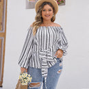 Fairyshely 2025 Spring Stripe Print Plus Size Top Women Long Sleeve Large Pullover T-shirt Lady Off Shoulder Casual Curvy Tops