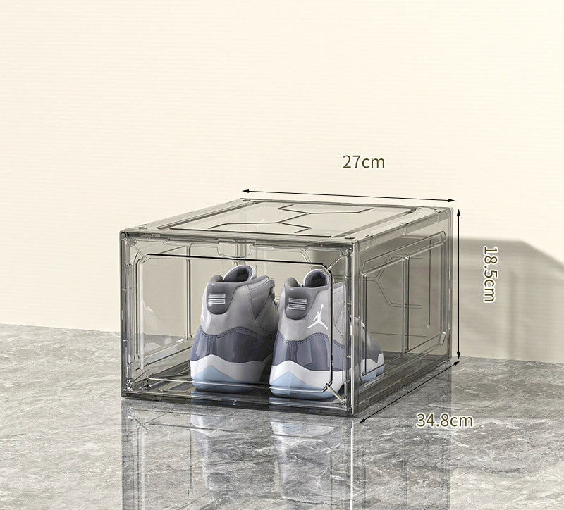 Transparent shoe box, magnetic drop front, thick plastic storage box, detachable dustproof shoe storage box