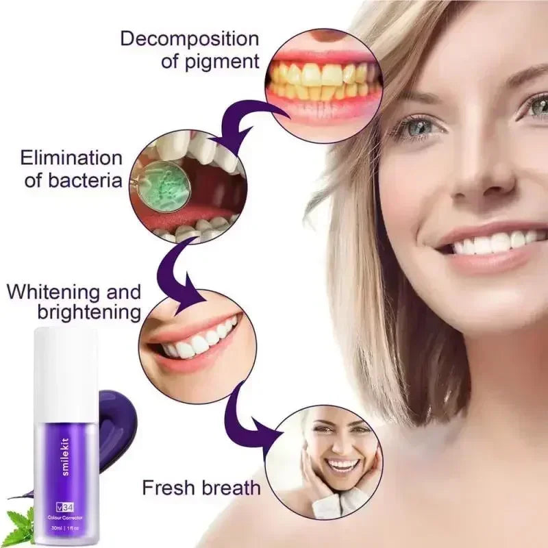 Pasta dental blanqueadora morada V34 de 30 ml. Elimina manchas, reduce el amarilleo y cuida tus dientes, encías, aliento fresco y blanquea los dientes.