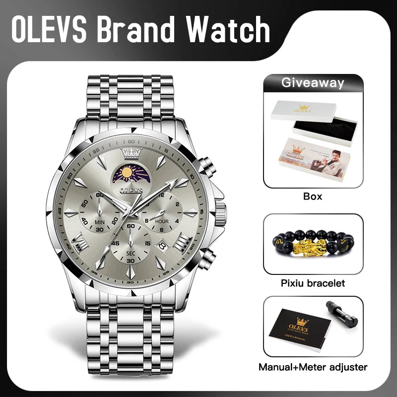 OLEVS 3653 Mens Watch Quartz Watch Multifunctional Chronograph Watch For Men 30M Waterproof Luminous Moon Phase Box Original