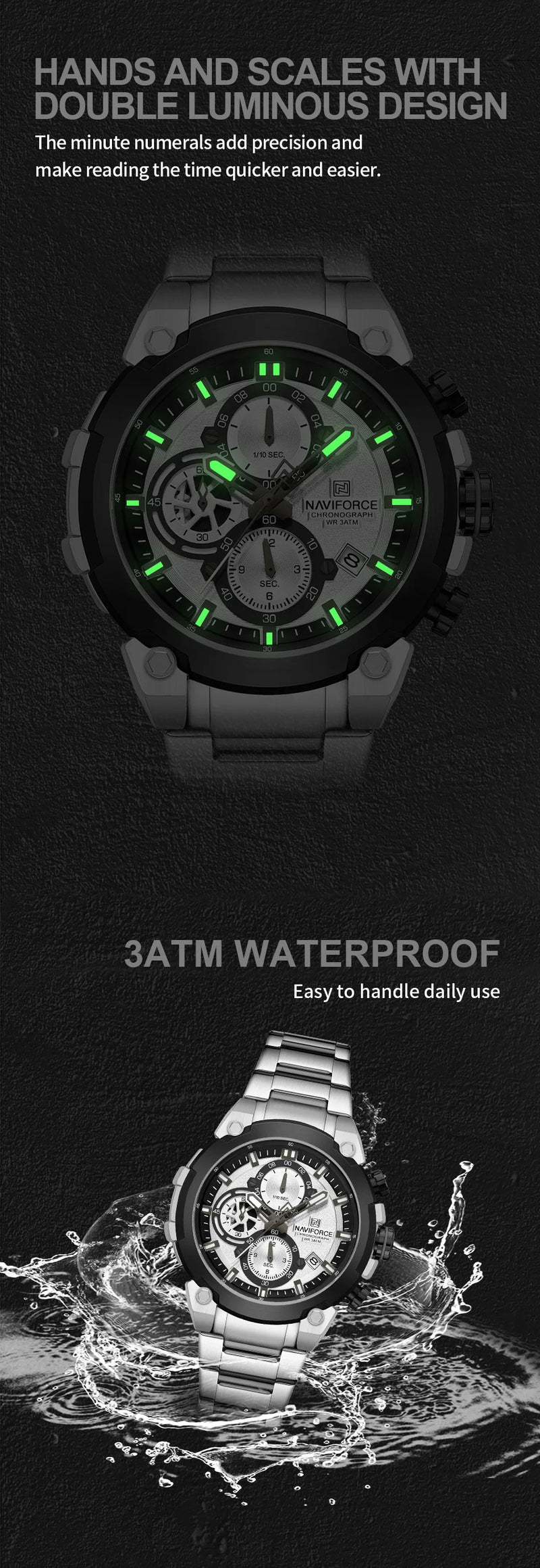 NAVIFORCE Original Watch for man 2025 New Stainless Steel Waterproof Chronograph Classic Quartz Wristwatch Brand Men Watch Gifts