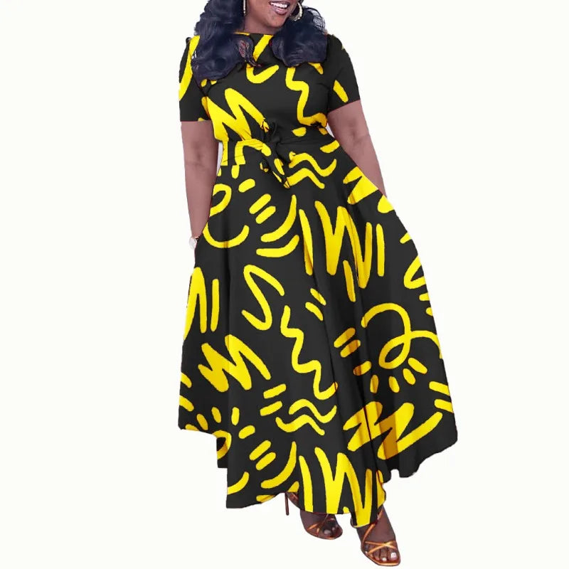 2025 Dashiki Fashion Belted Maxi Long Party Dress Vintage Printed Sundress Casual Vestidos Robe African Dress Summer Women Dress