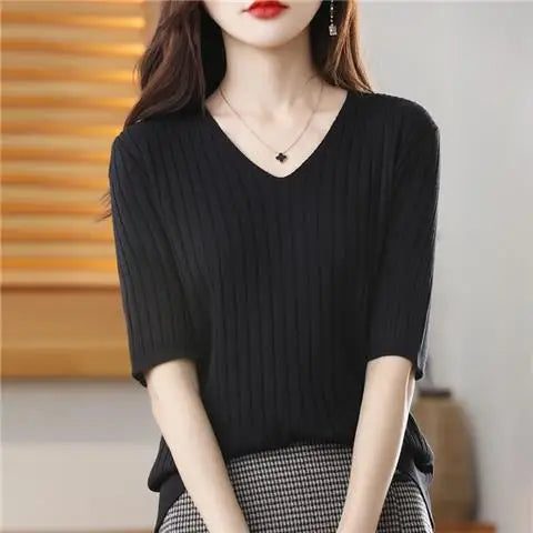 2023 New Spring Summer New Women's V-neck Short-Sleeved Exquisite Cashmere Knitted Sweater Pullover Solid Color