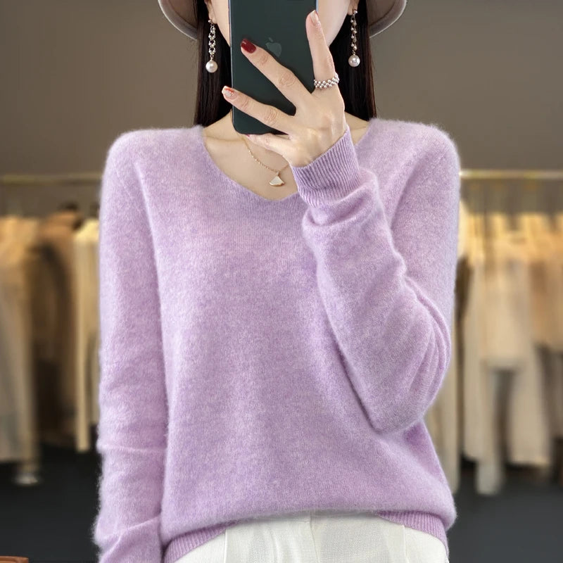 Suéter básico de otoño-invierno 2024 para mujer, 100 % lana merino, cuello en V, tejido de punto liso, jersey de oficina para mujer, manga larga, cachemir.