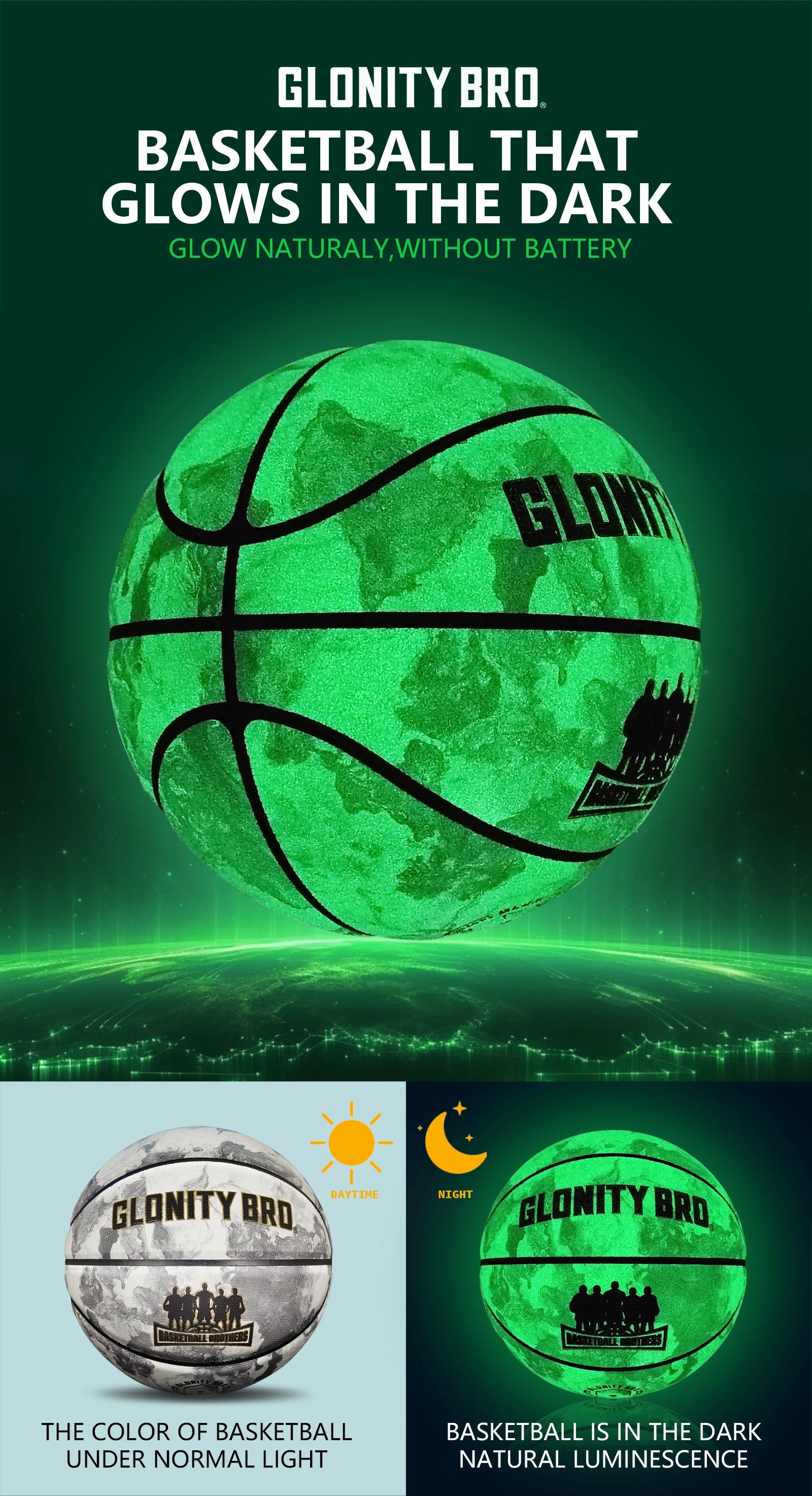 Glowing Green BasketBall For Men Women,Official Size 5/6/7 Soft Composite Leather In&Outdoor Street Luminous Ball Night Use Game