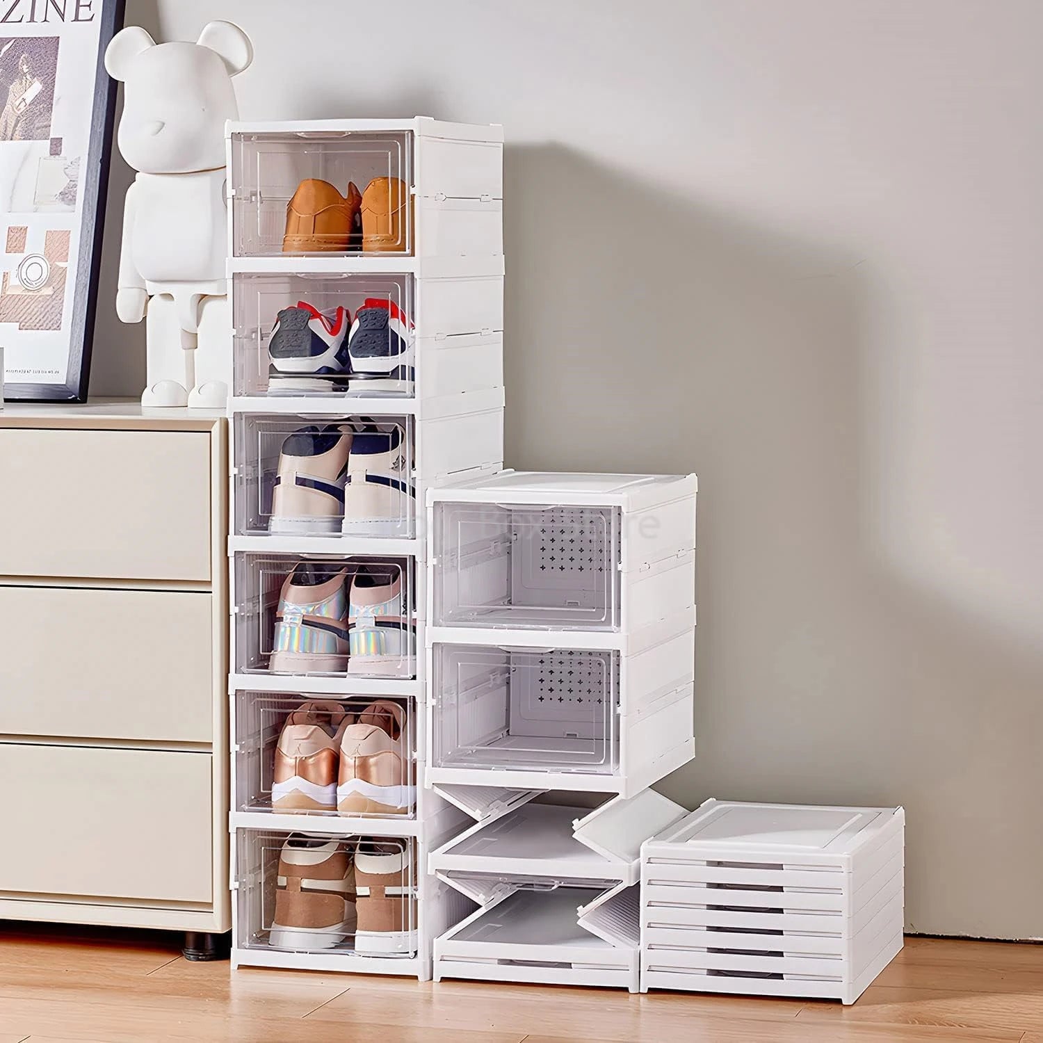 Zapatero apilable de 3/6 capas de plástico transparente, caja de almacenamiento para zapatillas, mueble Zapatero para sala de estar, organizador de zapatos